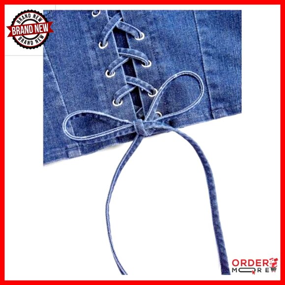 Denim Corset Top Halter Backless Shirred Y2K Crop Tops Women's Chic - Picture 3 of 4